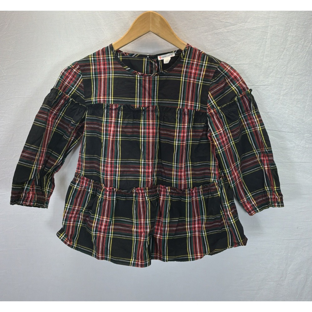 J. Crew Crewcuts Girls Tartan Cotton Tiered Top Long Sleeve Holiday Black Sz 12